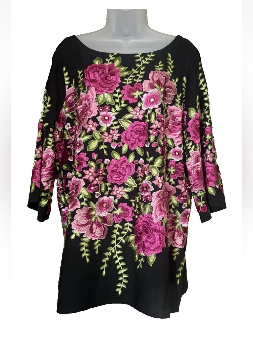 Karen Kane Black Pink Green Floral Embroidered 3/4 Sleeve Side Slits Tunic XL - Picture 12 of 12